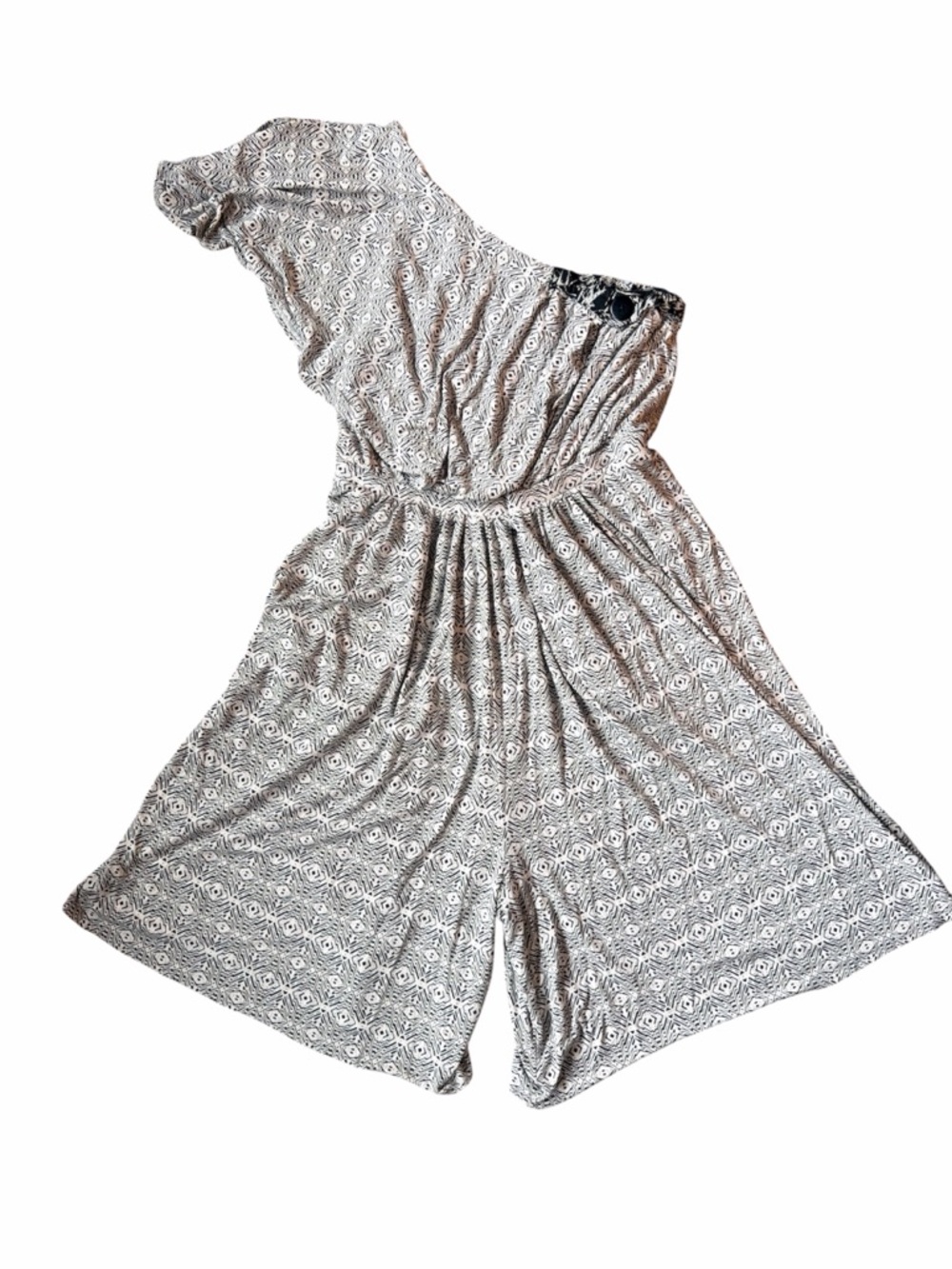 Maeve Black and Cream One-Shoulder Printed Romper XS